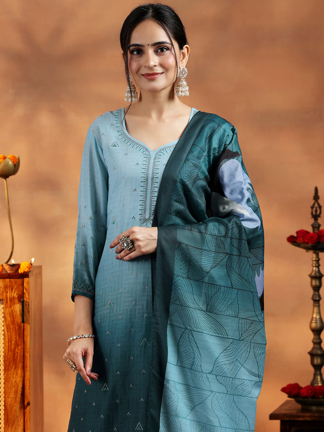 Green Self Design Cotton Blend Straight Suit With Dupatta