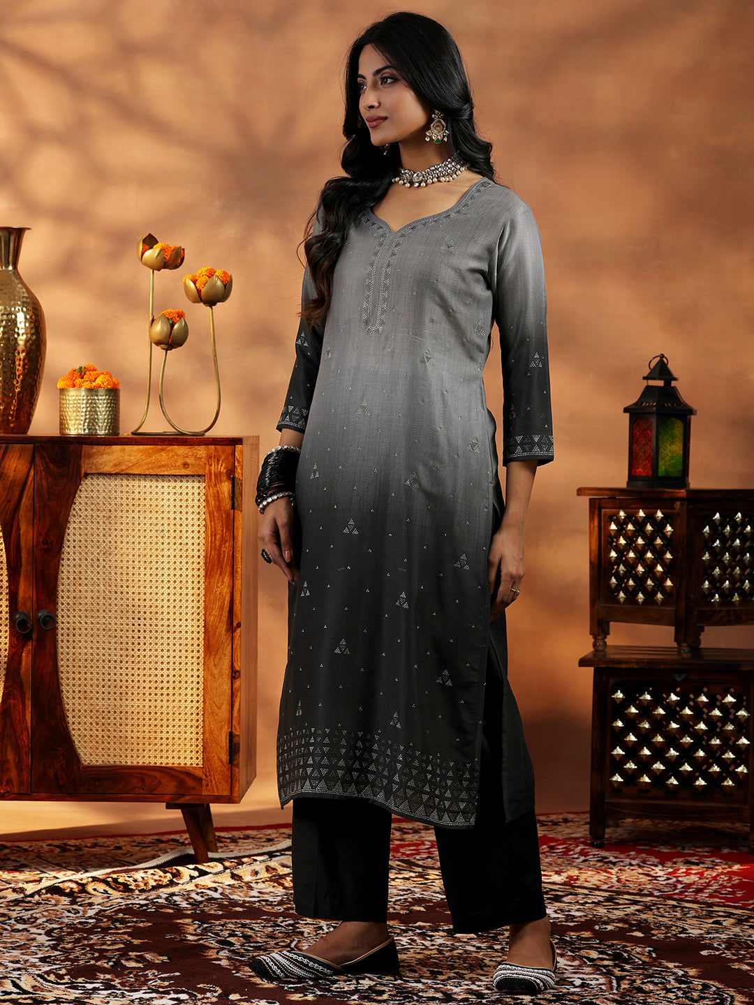 Grey Self Design Cotton Blend Straight Suit With Dupatta