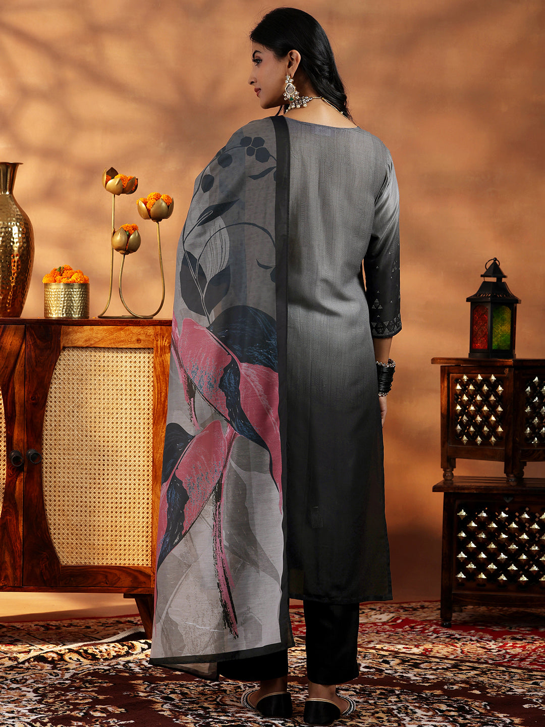 Grey Self Design Cotton Blend Straight Suit With Dupatta