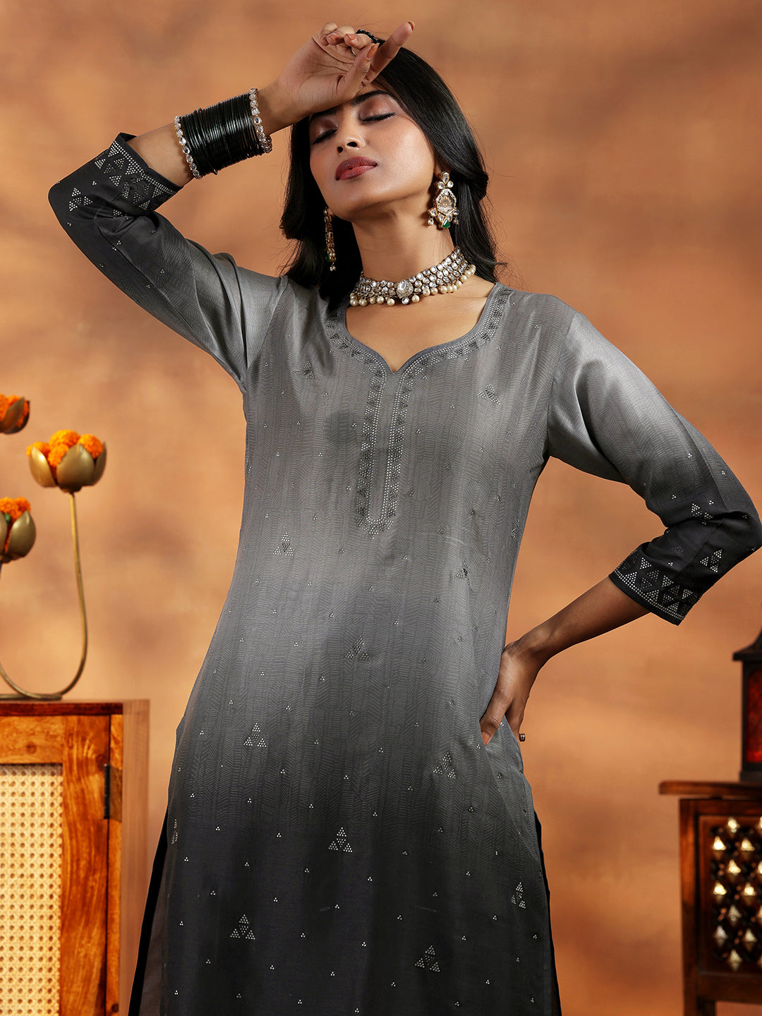 Grey Self Design Cotton Blend Straight Suit With Dupatta