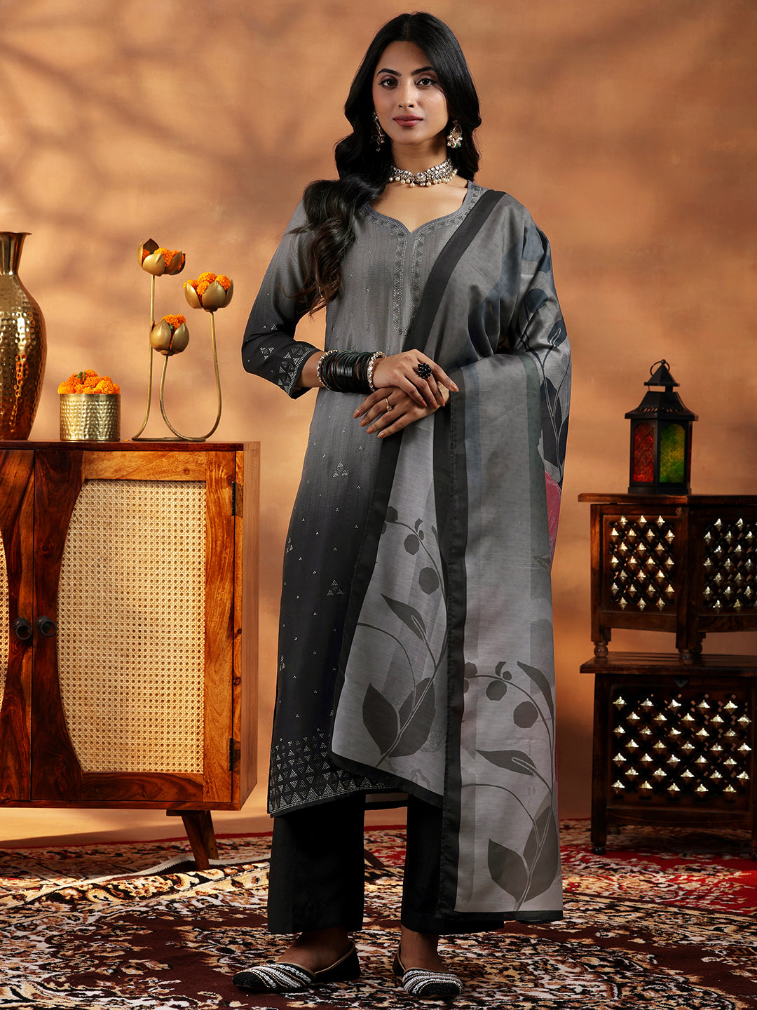 Grey Self Design Cotton Blend Straight Suit With Dupatta