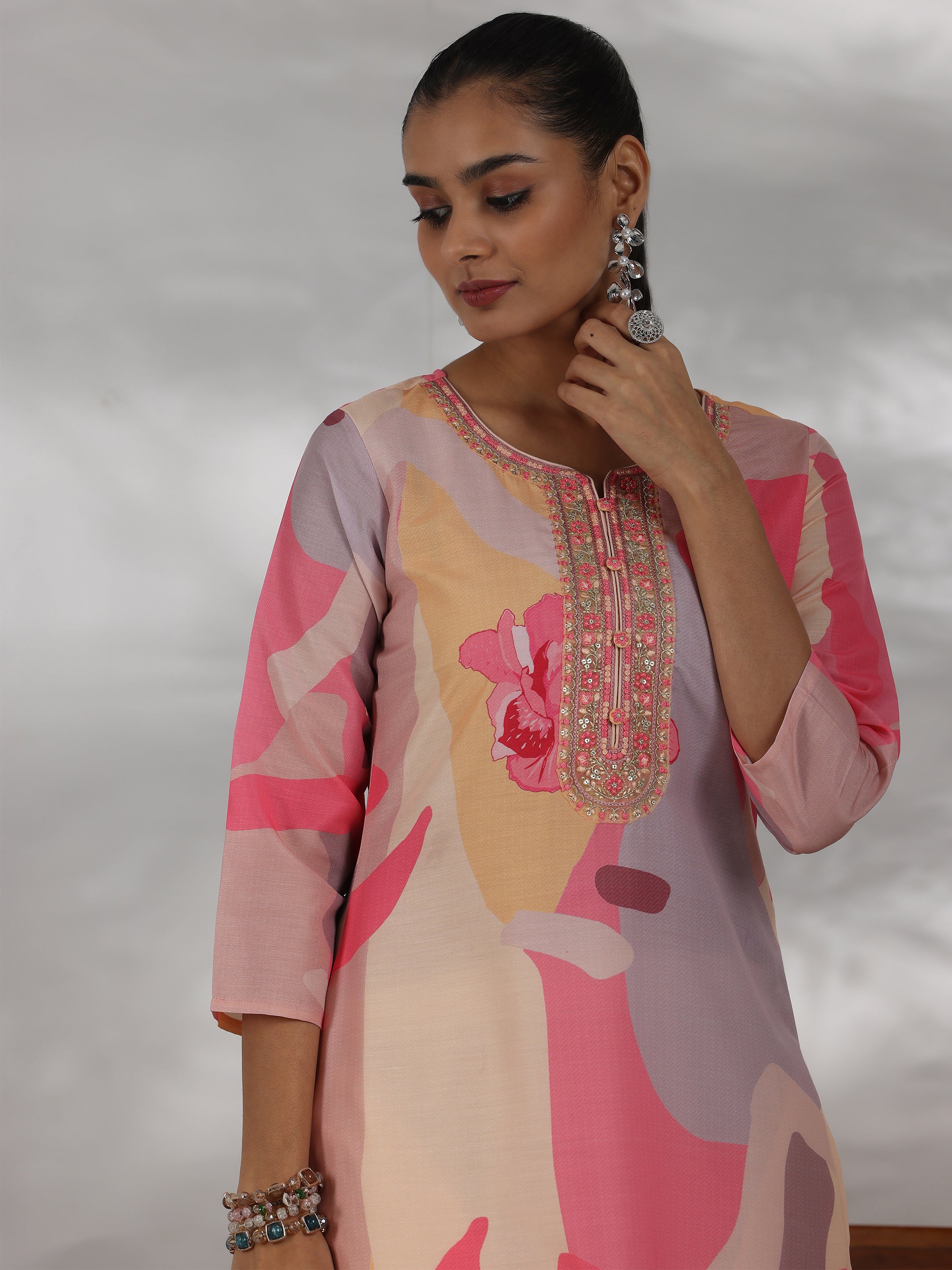 Cream Printed Cotton Blend Straight Suit With Dupatta