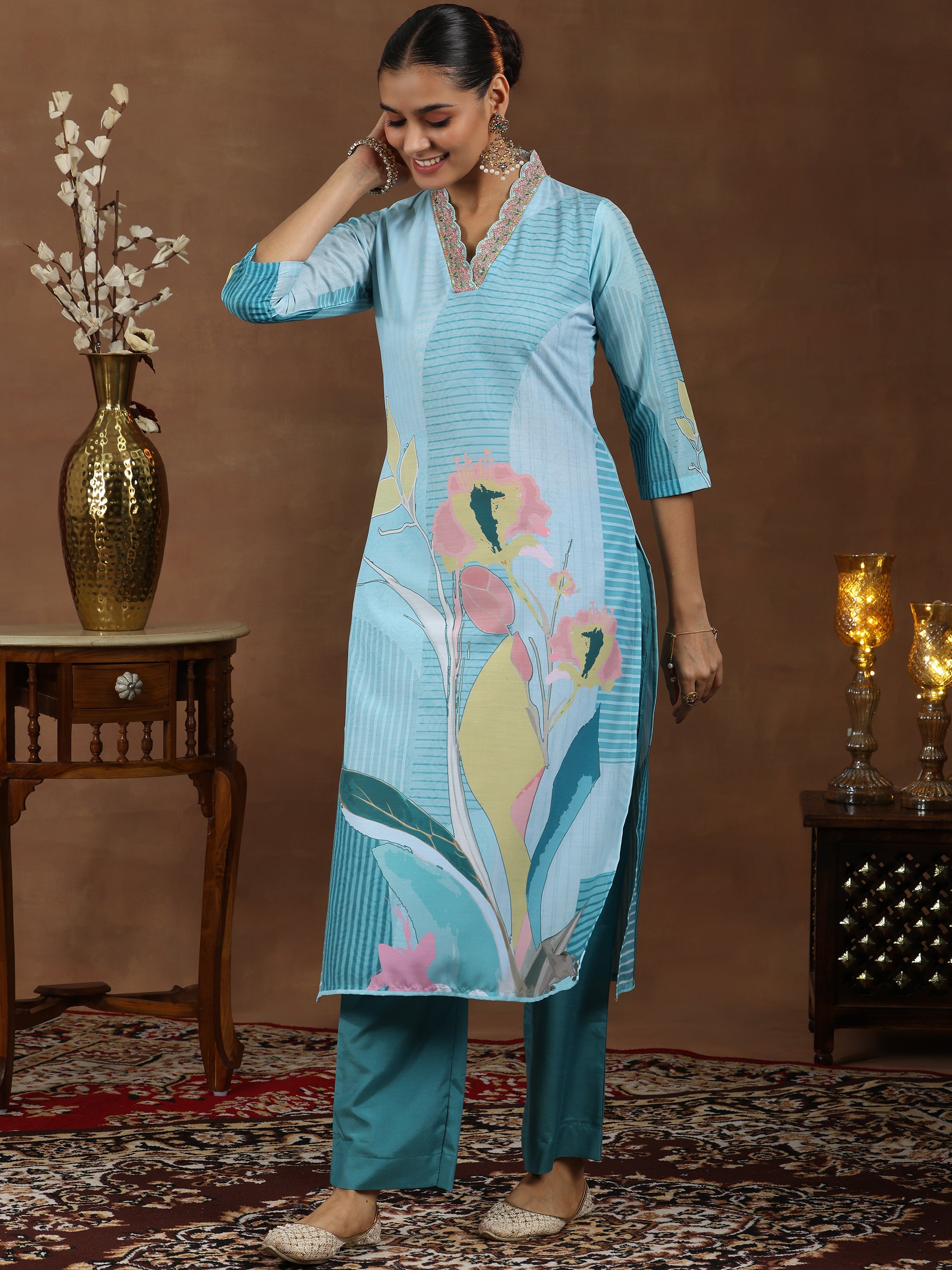 Turquoise Printed Cotton Blend Straight Suit With Dupatta