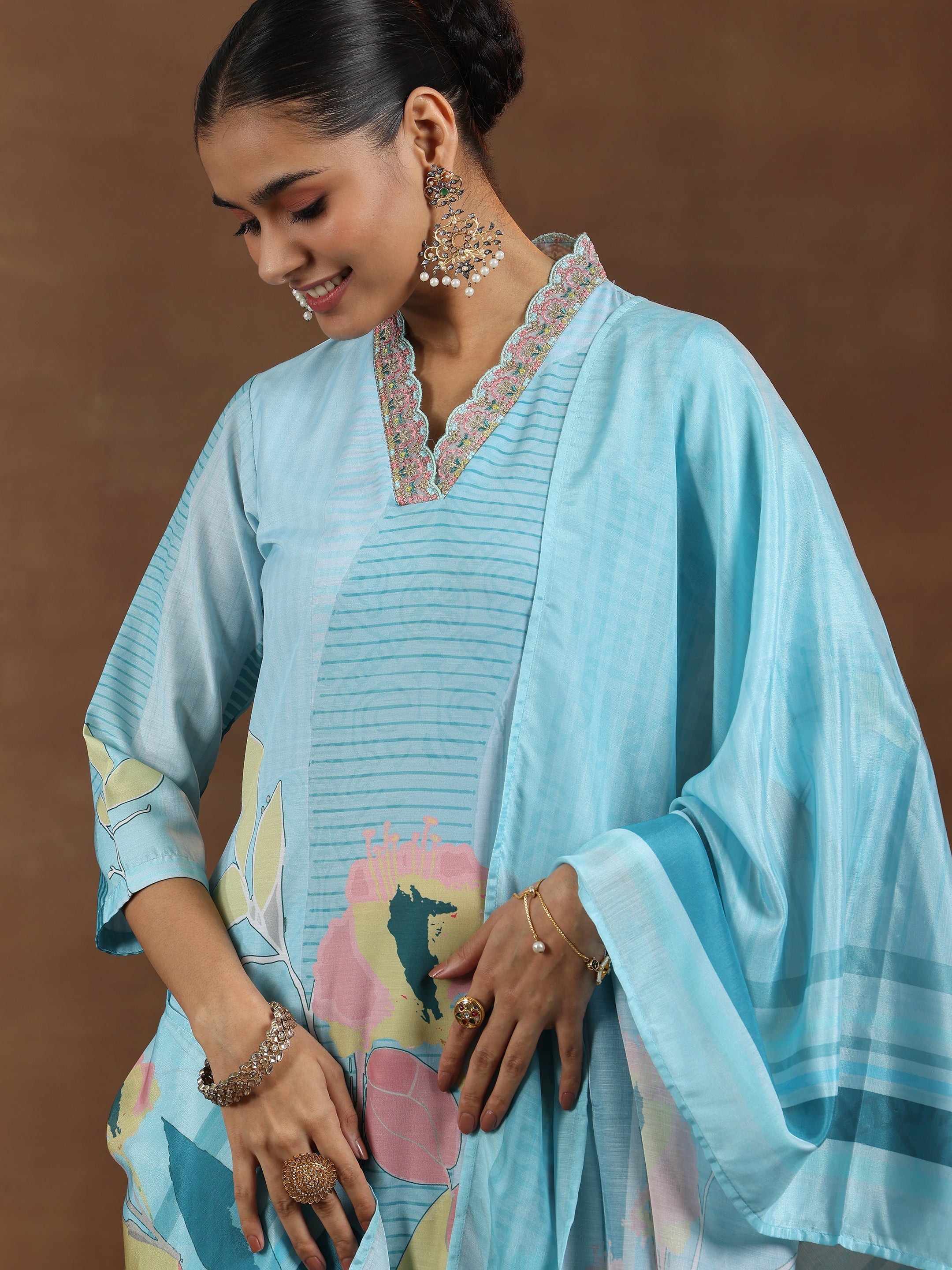 Turquoise Printed Cotton Blend Straight Suit With Dupatta