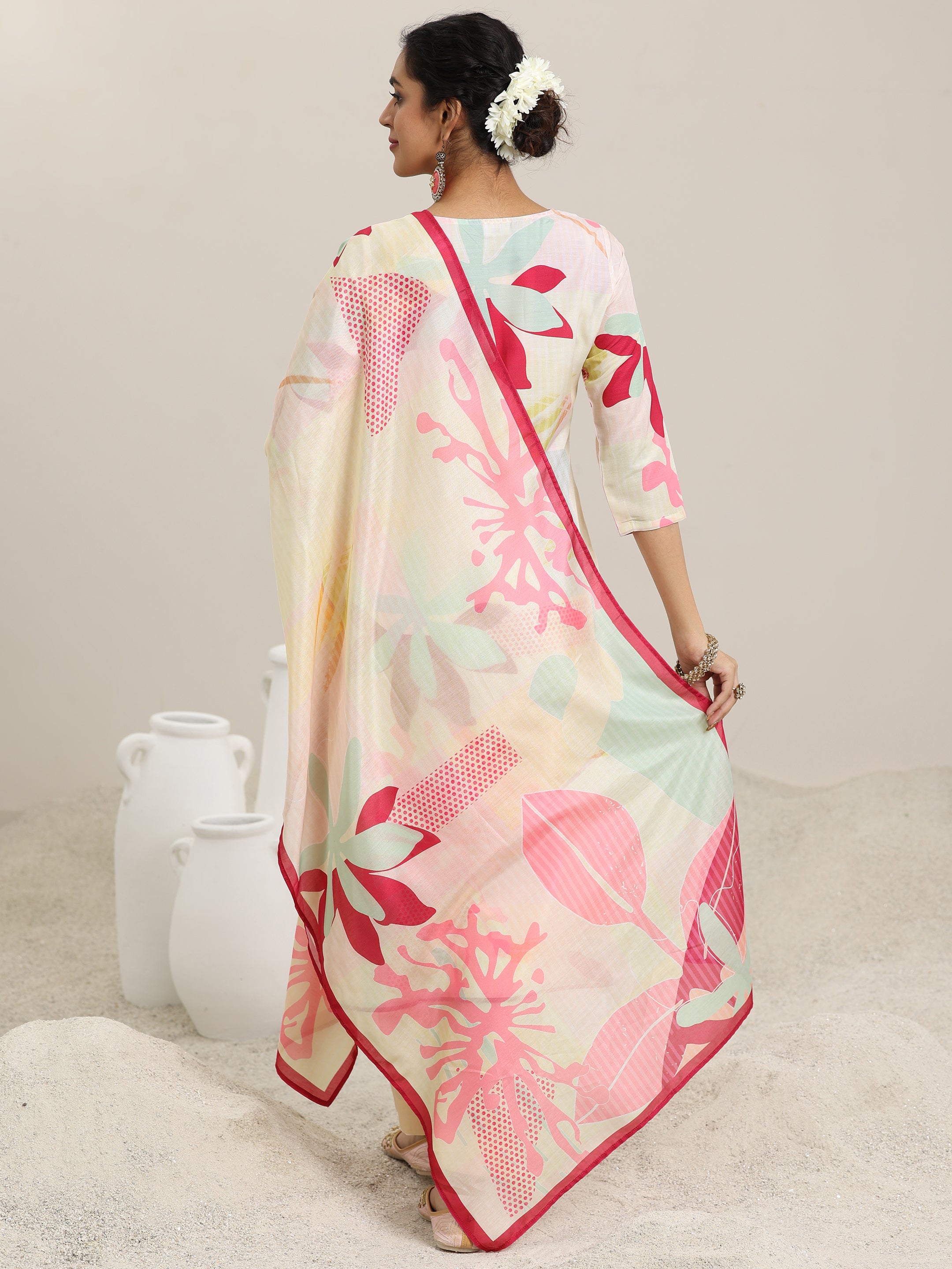 Cream Printed Cotton Blend Straight Suit With Dupatta