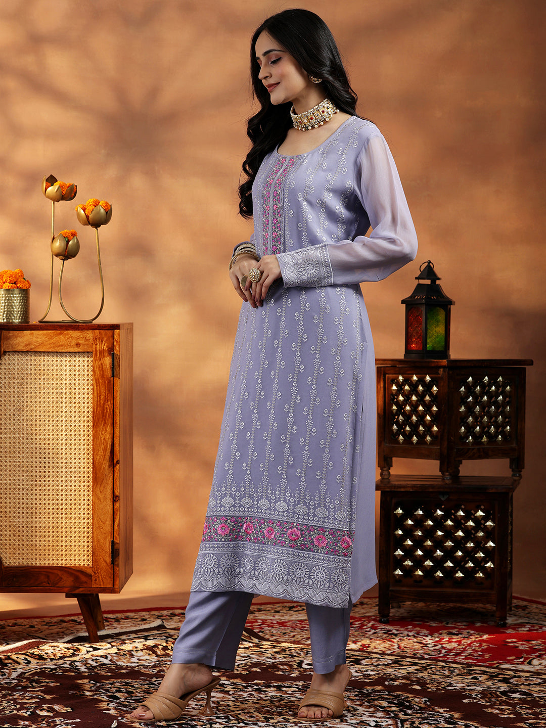 Lilac Embroidered Georgette Straight Suit With Dupatta