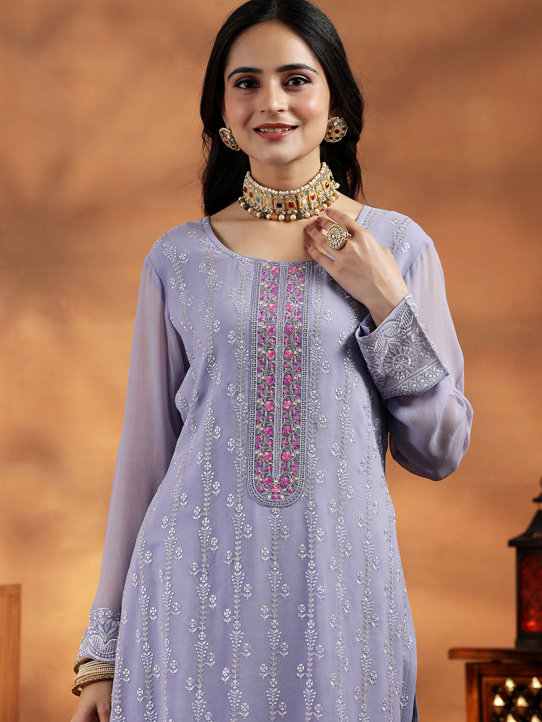 Lilac Embroidered Georgette Straight Suit With Dupatta