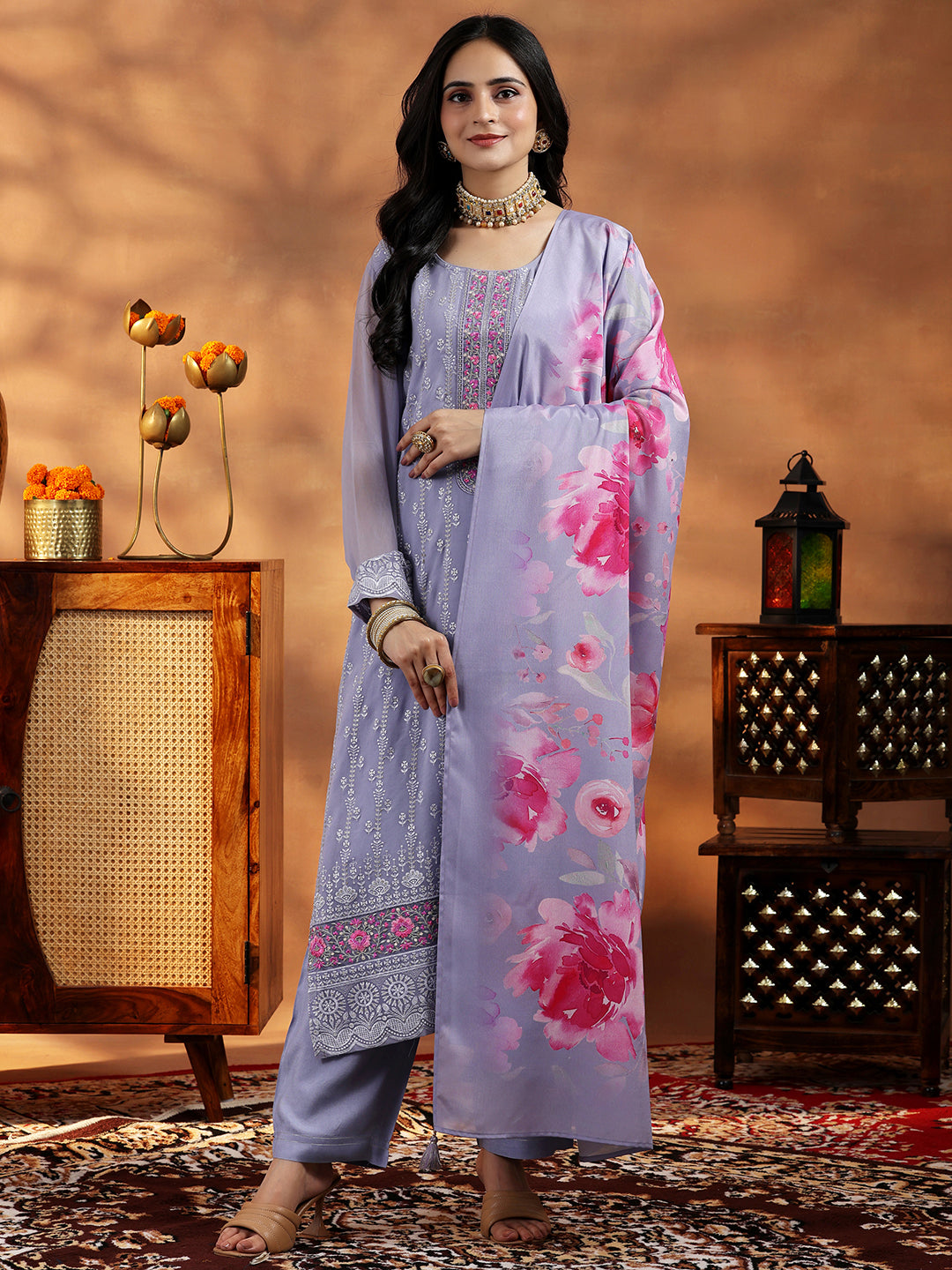 Lilac Embroidered Georgette Straight Suit With Dupatta