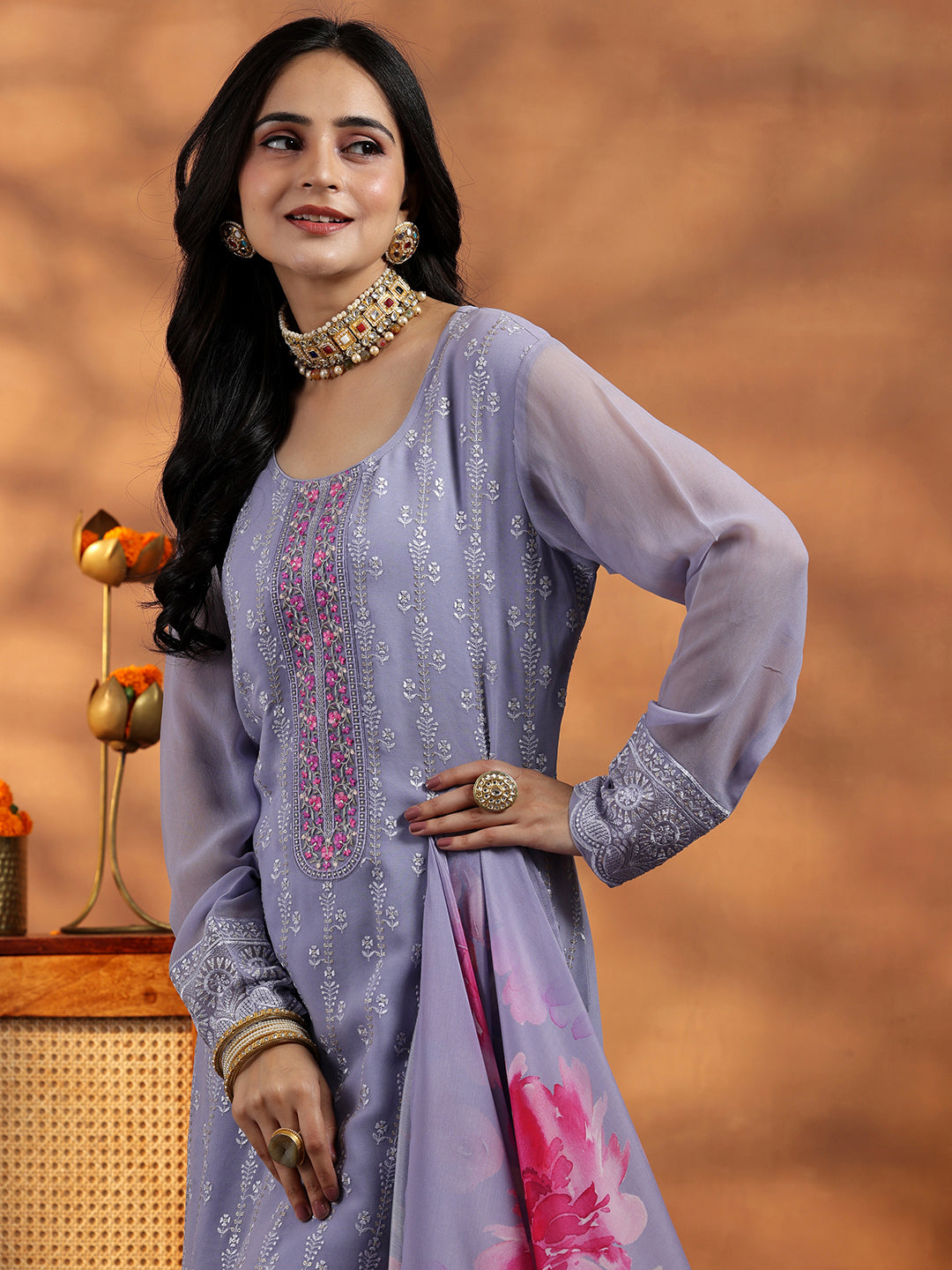 Lilac Embroidered Georgette Straight Suit With Dupatta