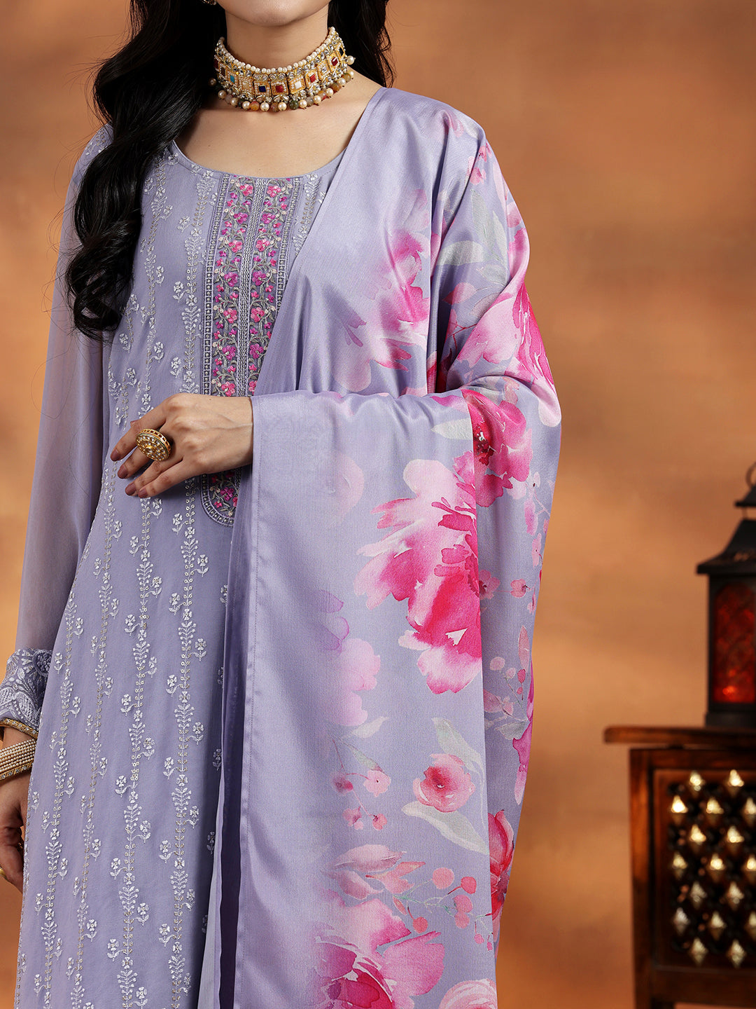 Lilac Embroidered Georgette Straight Suit With Dupatta