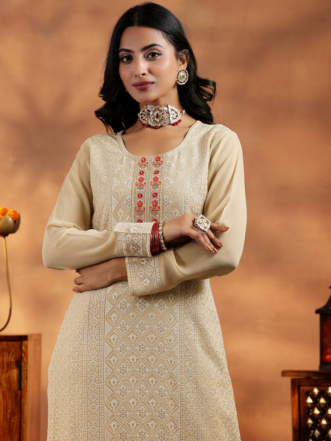 Beige Embroidered Georgette Straight Suit With Dupatta