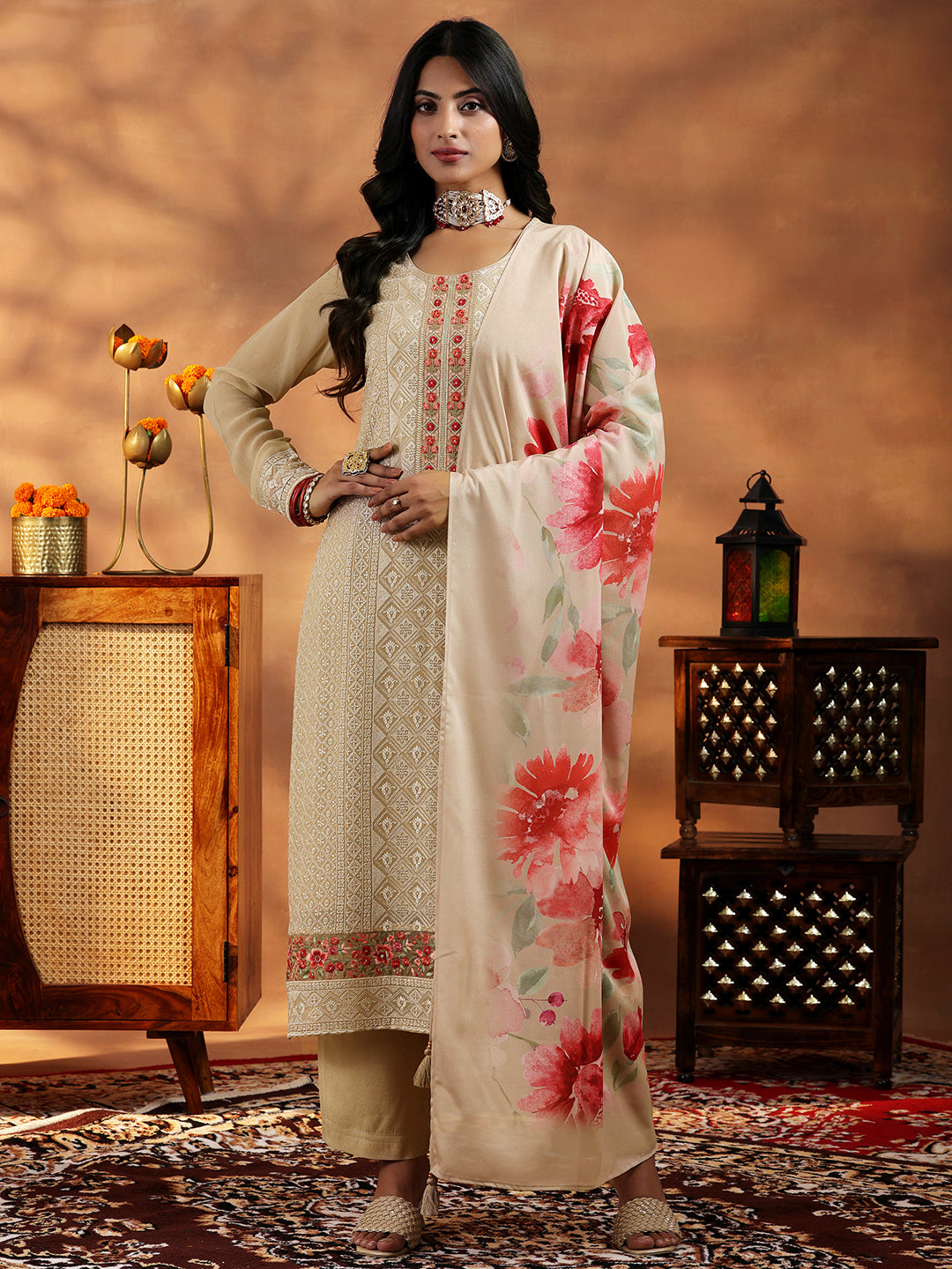 Beige Embroidered Georgette Straight Suit With Dupatta