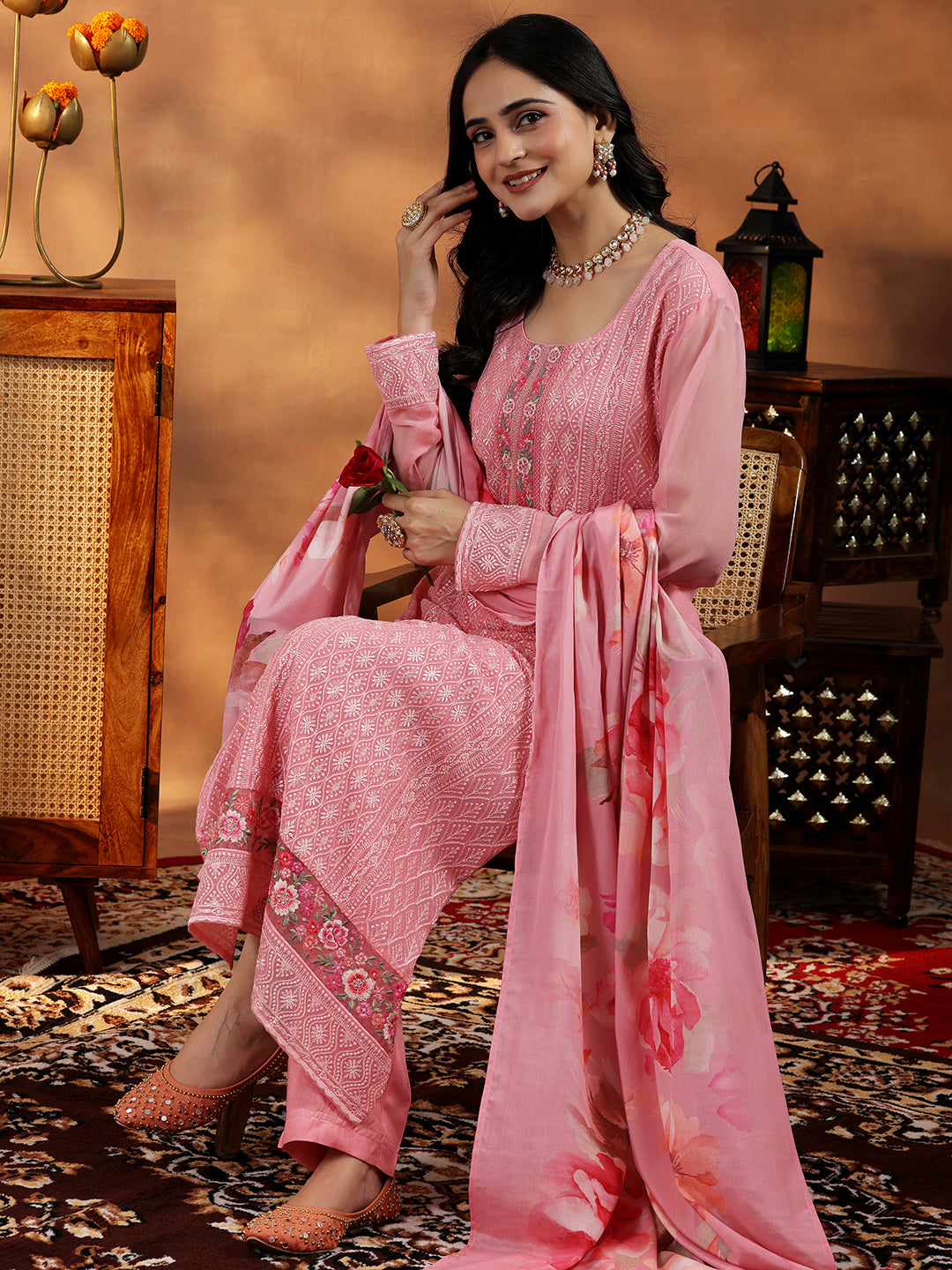 Peach Embroidered Georgette Straight Suit With Dupatta