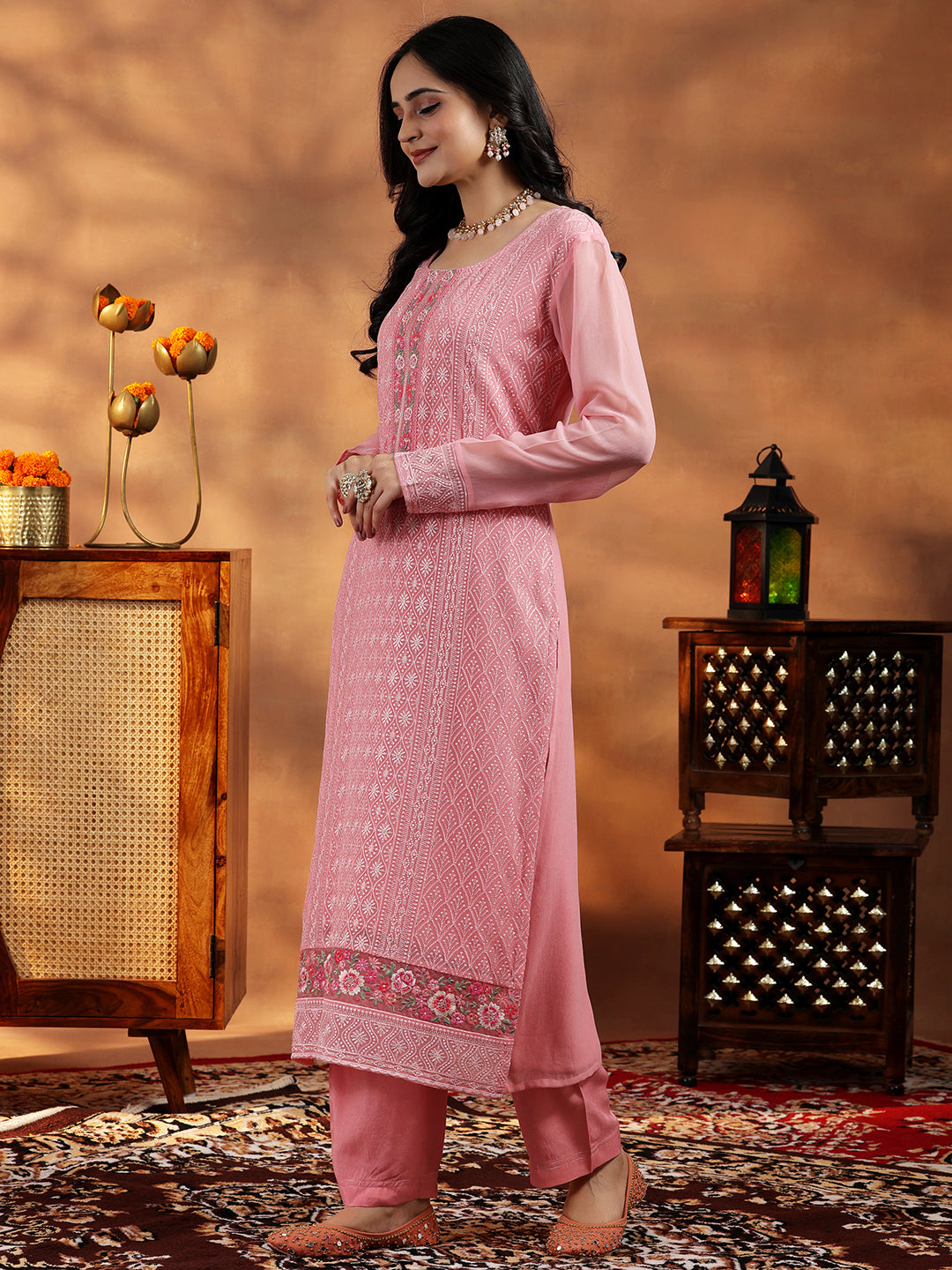 Peach Embroidered Georgette Straight Suit With Dupatta