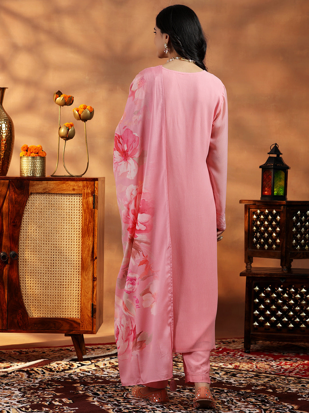 Peach Embroidered Georgette Straight Suit With Dupatta