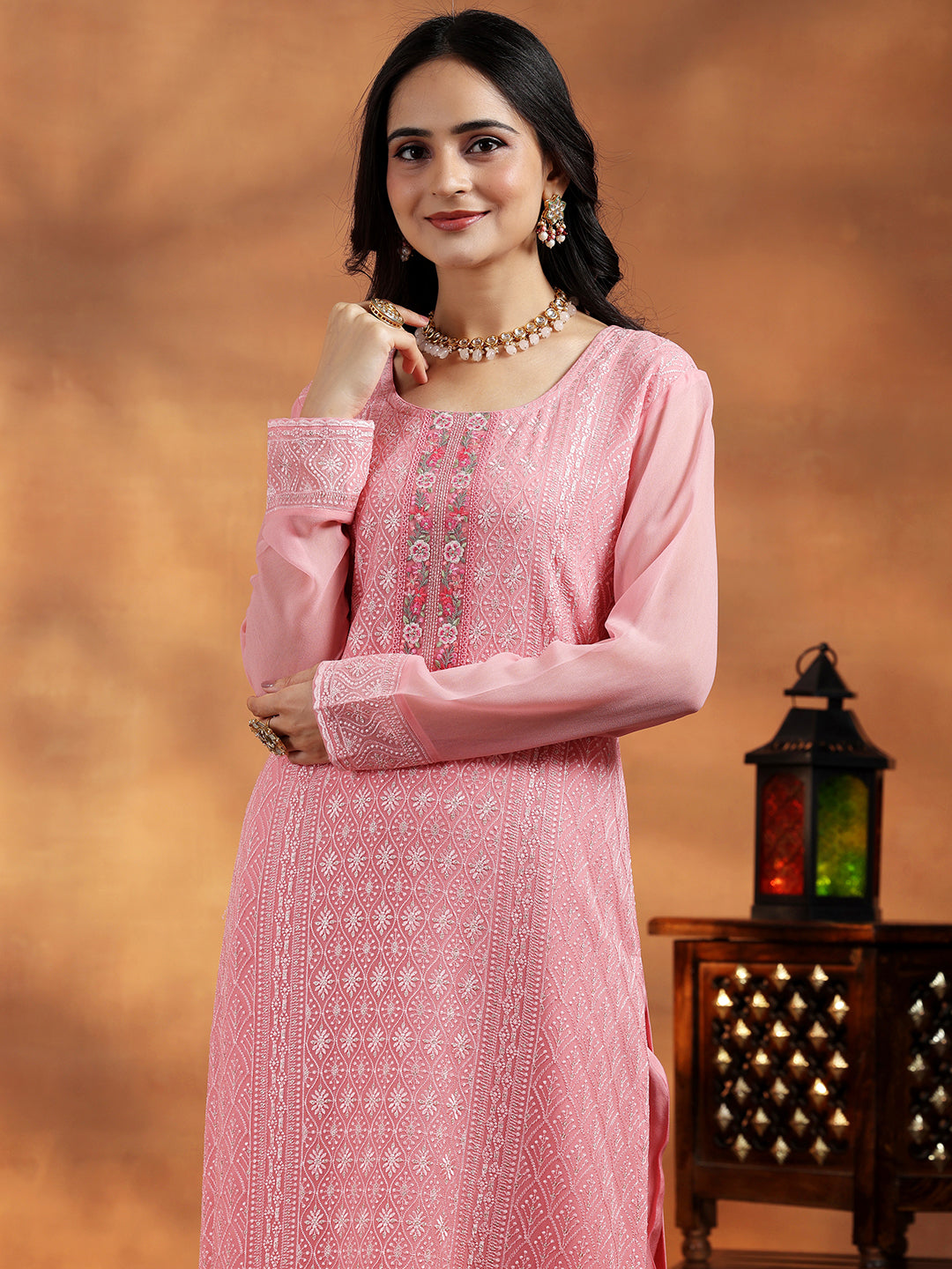 Peach Embroidered Georgette Straight Suit With Dupatta