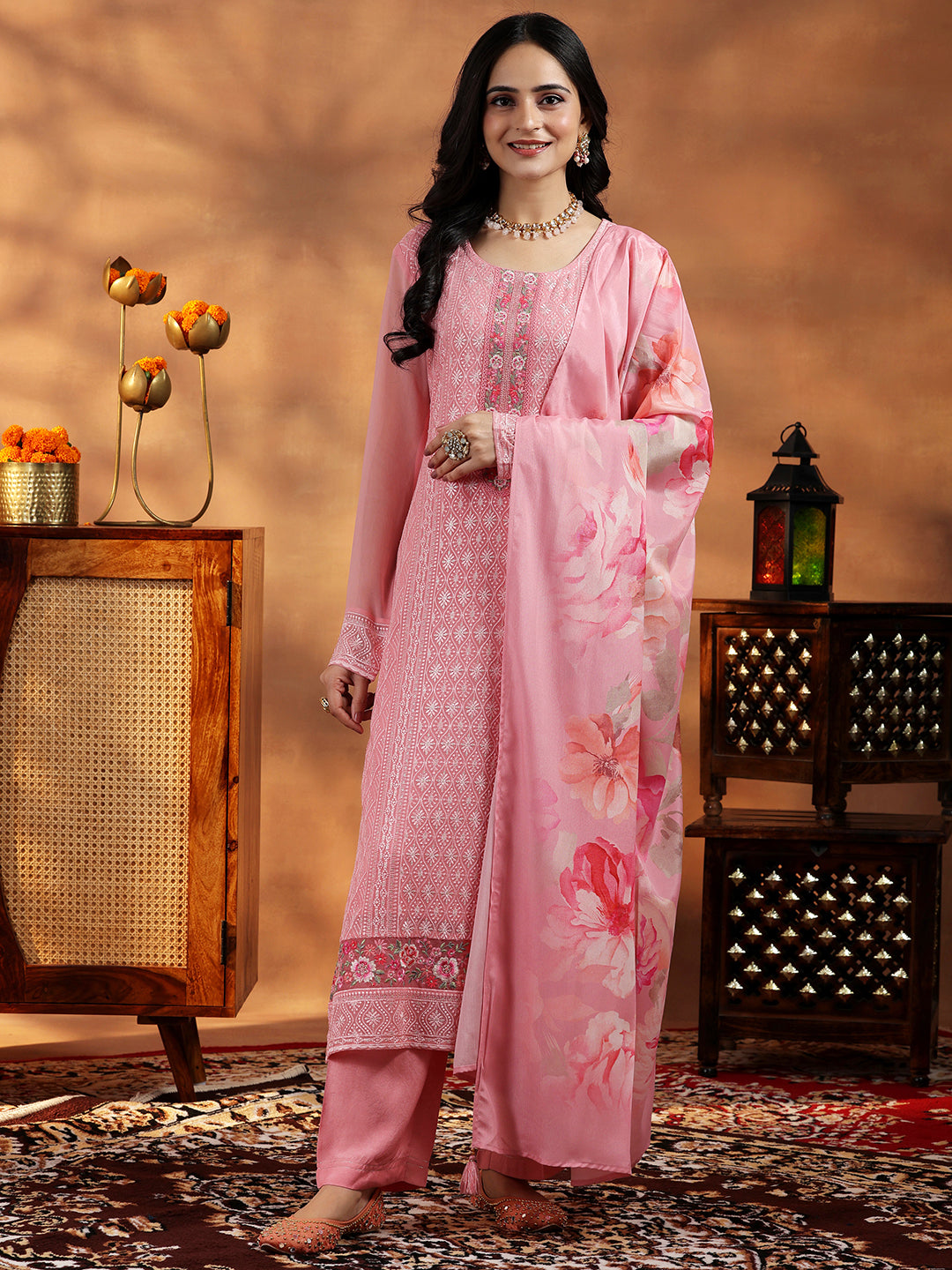 Peach Embroidered Georgette Straight Suit With Dupatta