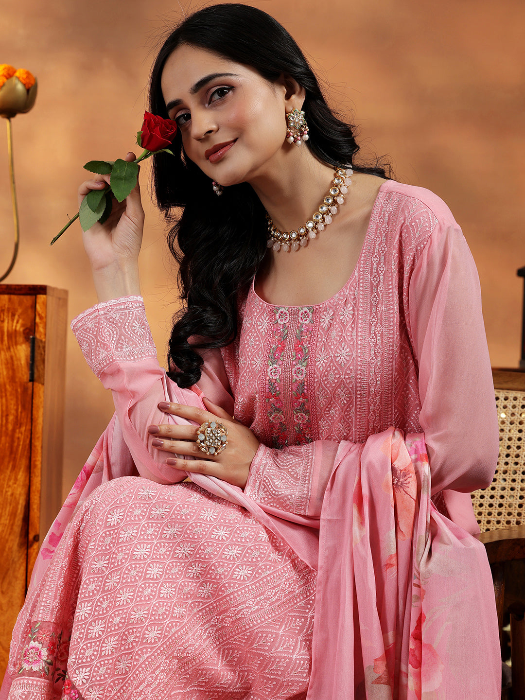 Peach Embroidered Georgette Straight Suit With Dupatta