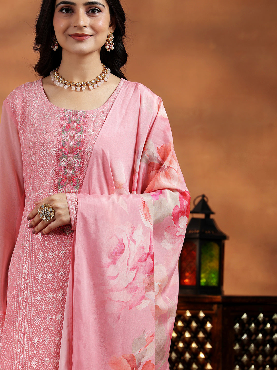 Peach Embroidered Georgette Straight Suit With Dupatta