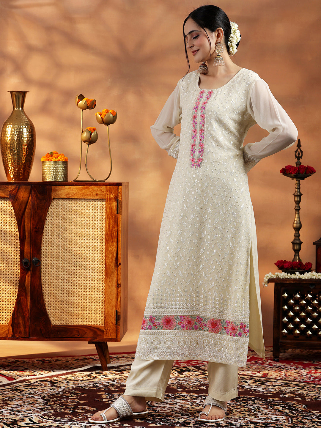 Cream Embroidered Georgette Straight Suit With Dupatta