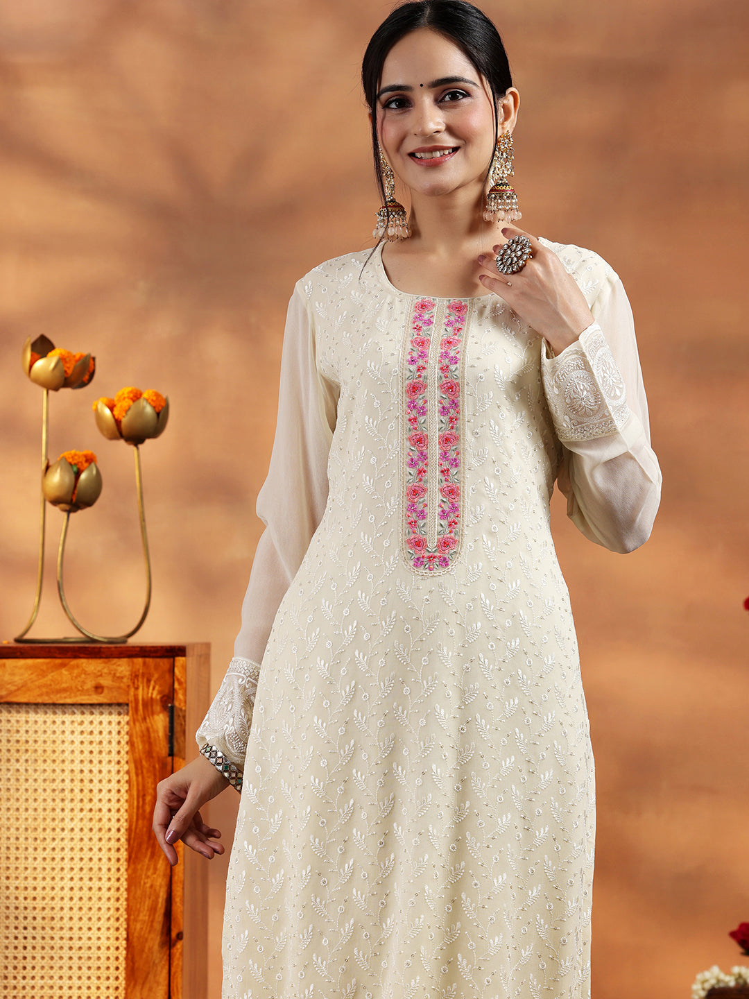 Cream Embroidered Georgette Straight Suit With Dupatta