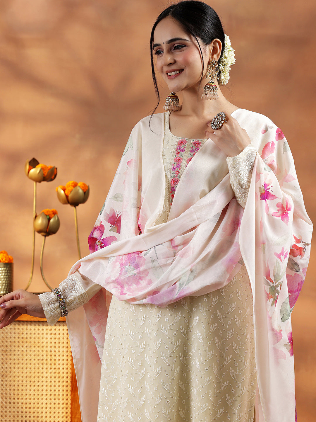 Cream Embroidered Georgette Straight Suit With Dupatta