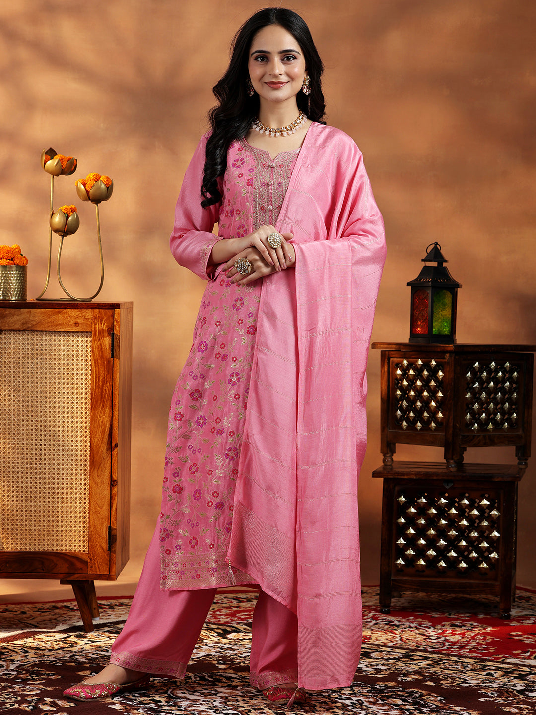 Pink Woven Design Silk Blend Straight Suit With Dupatta