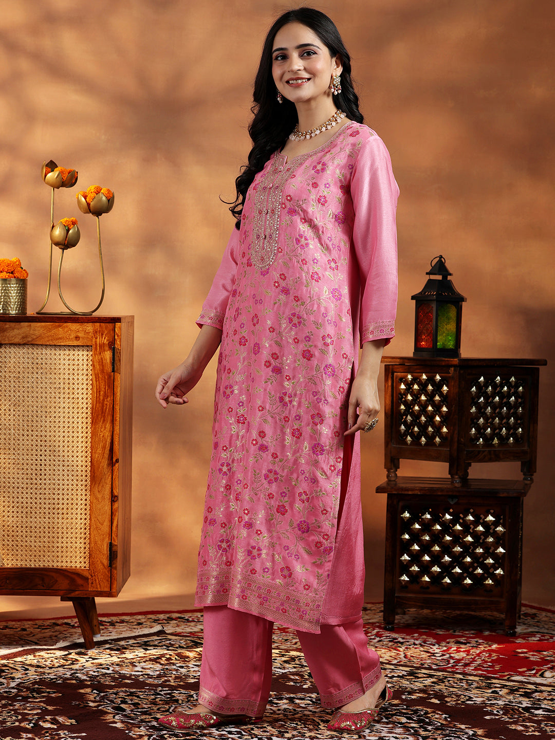 Pink Woven Design Silk Blend Straight Suit With Dupatta