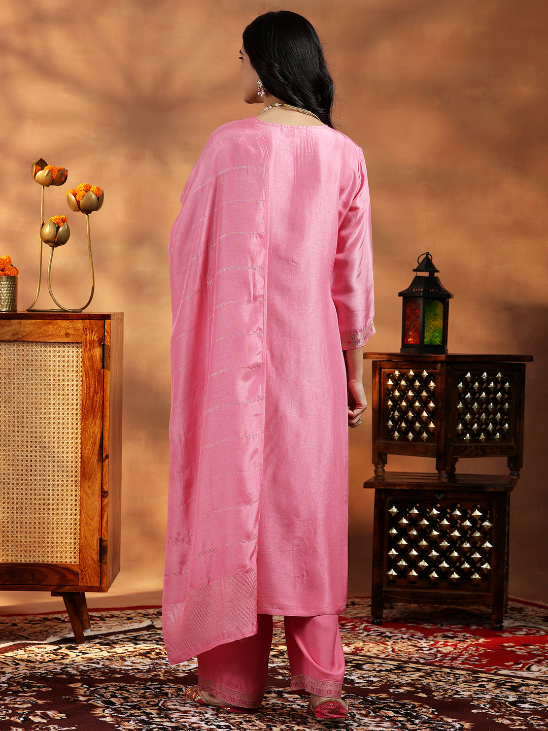 Pink Woven Design Silk Blend Straight Suit With Dupatta