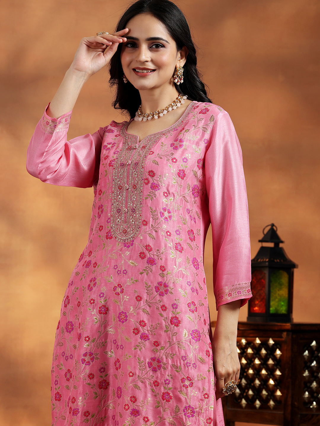 Pink Woven Design Silk Blend Straight Suit With Dupatta