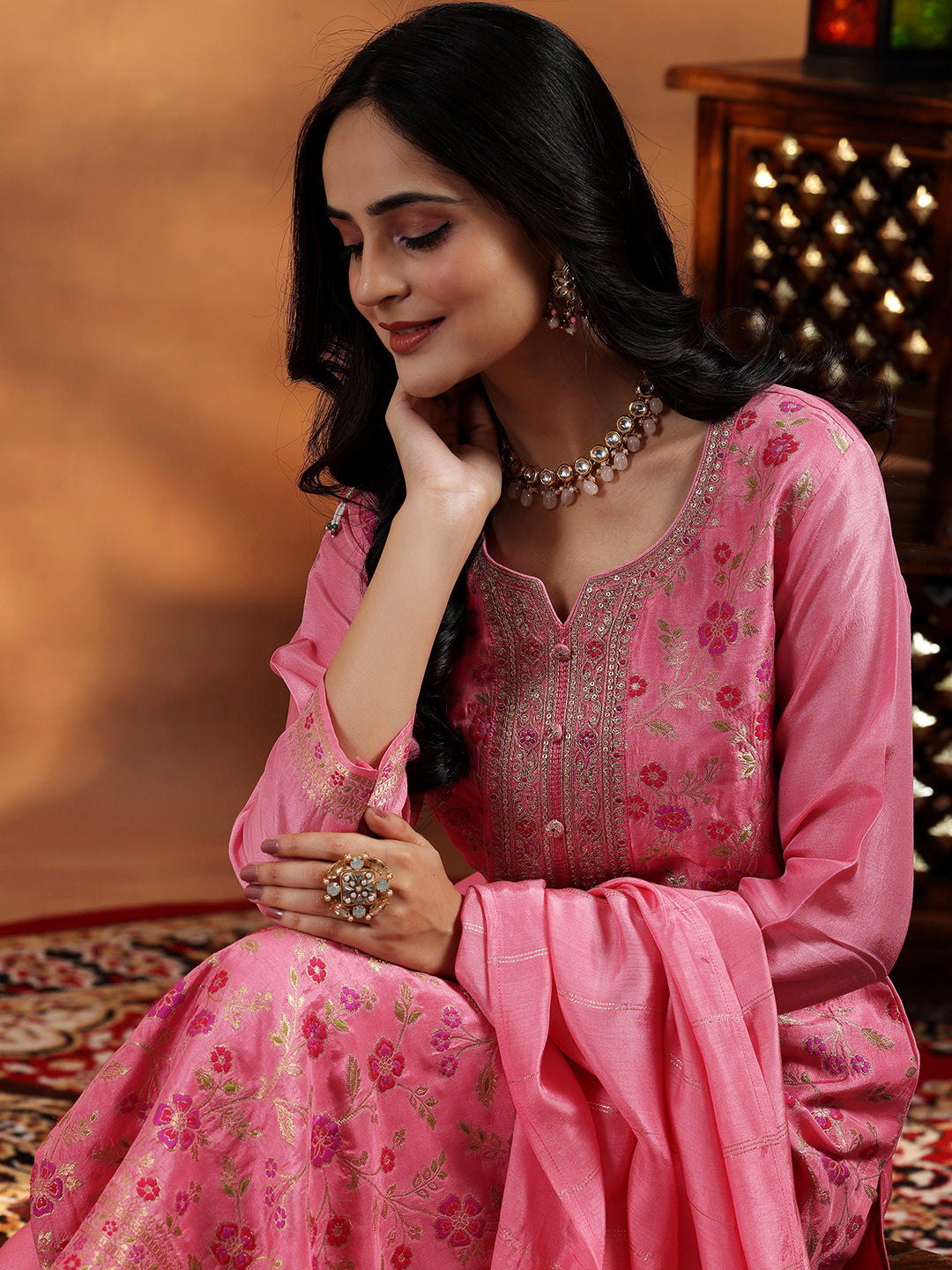 Pink Woven Design Silk Blend Straight Suit With Dupatta