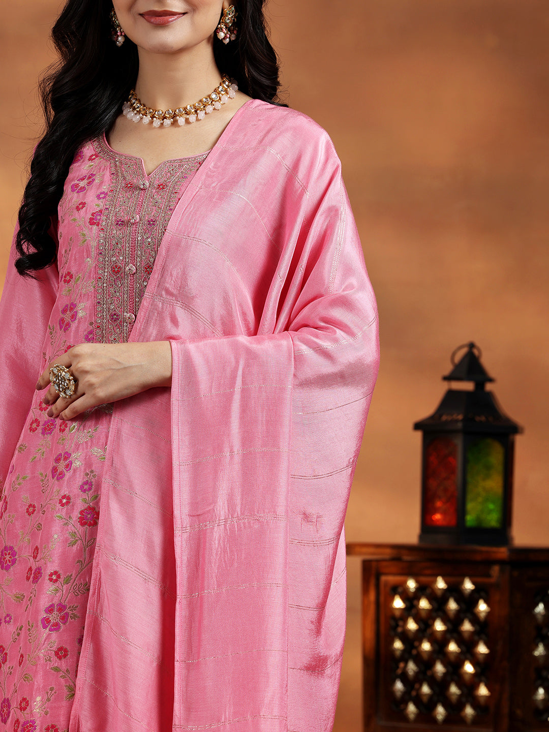 Pink Woven Design Silk Blend Straight Suit With Dupatta