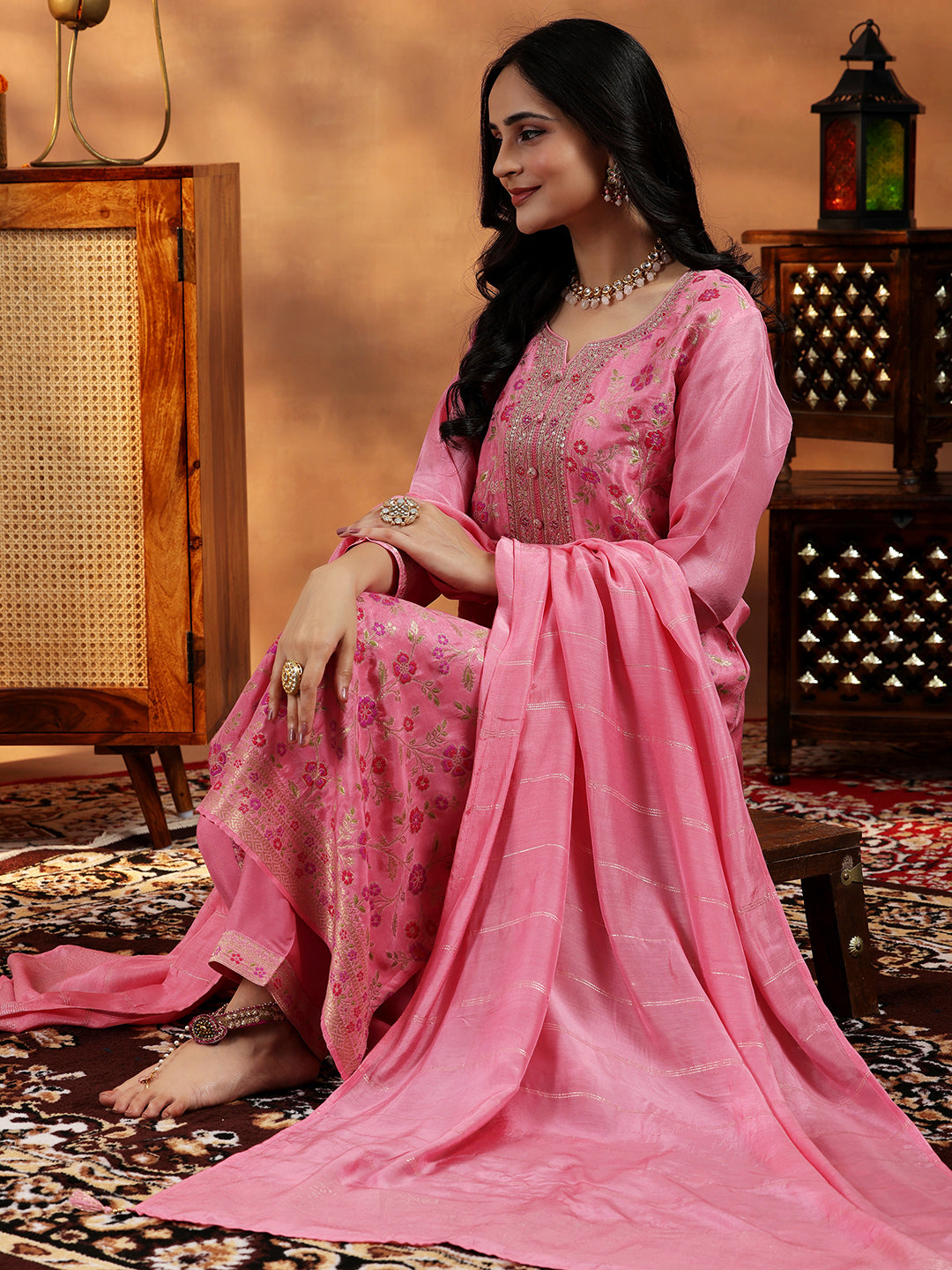 Pink Woven Design Silk Blend Straight Suit With Dupatta