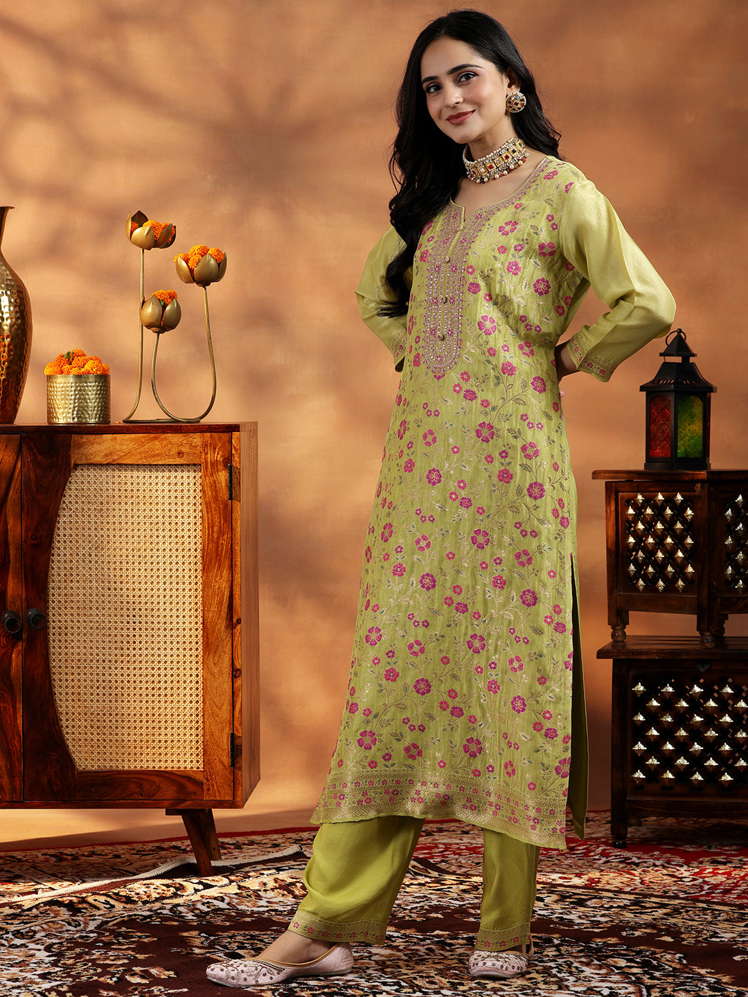 Green Woven Design Silk Blend Straight Suit With Dupatta