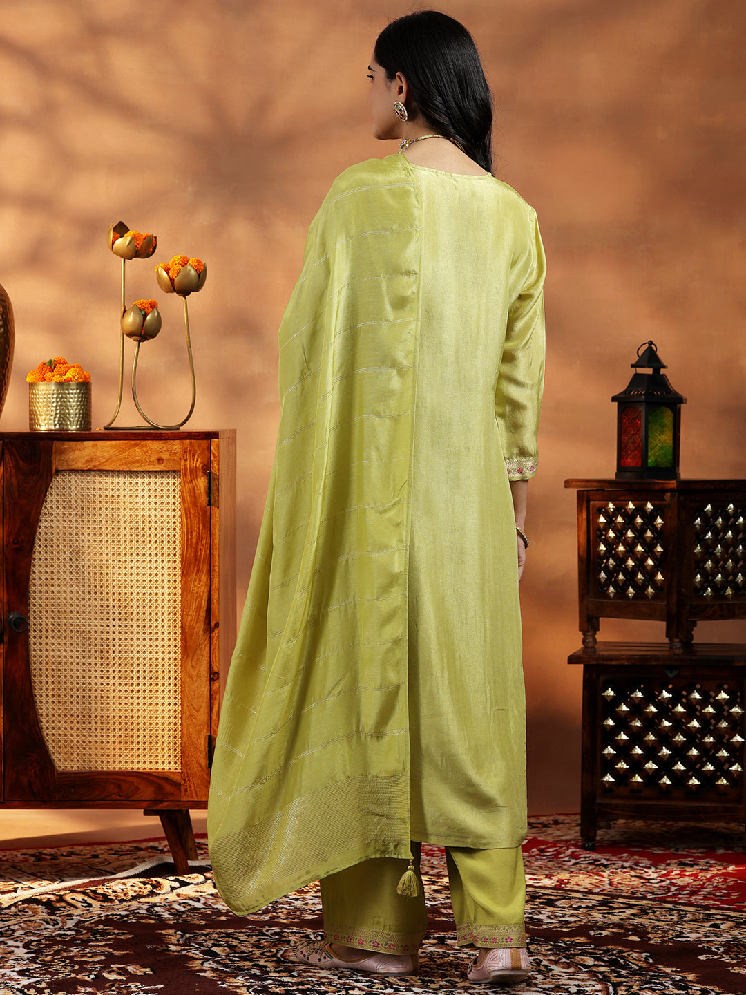 Green Woven Design Silk Blend Straight Suit With Dupatta