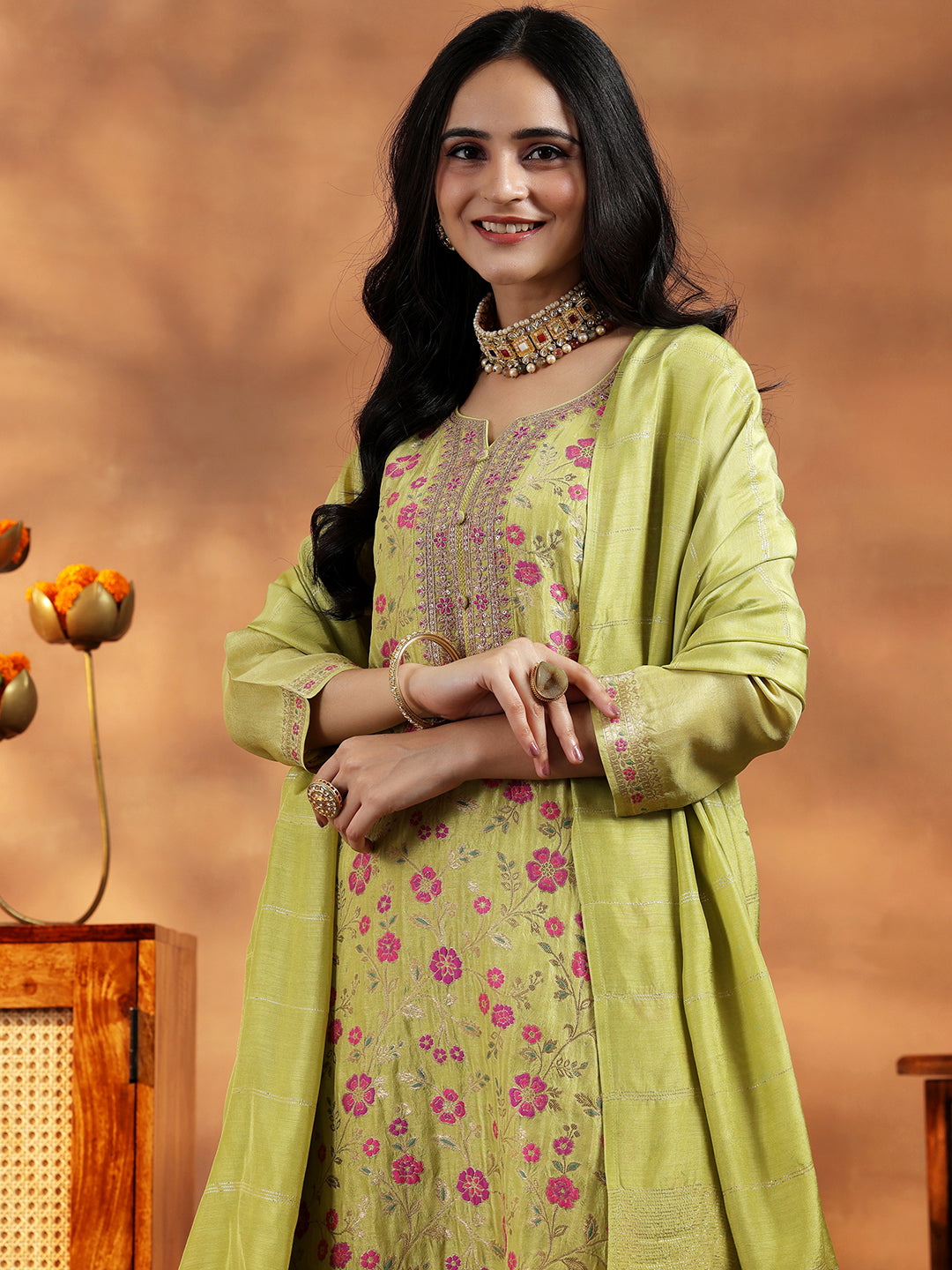 Green Woven Design Silk Blend Straight Suit With Dupatta