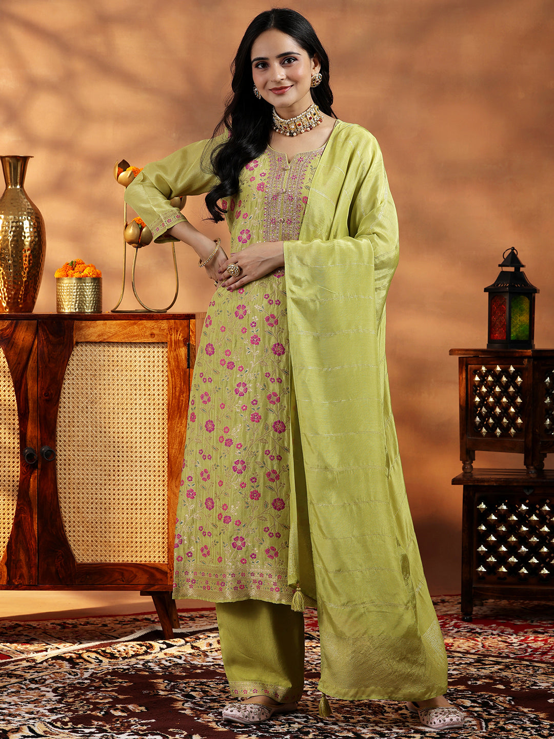 Green Woven Design Silk Blend Straight Suit With Dupatta