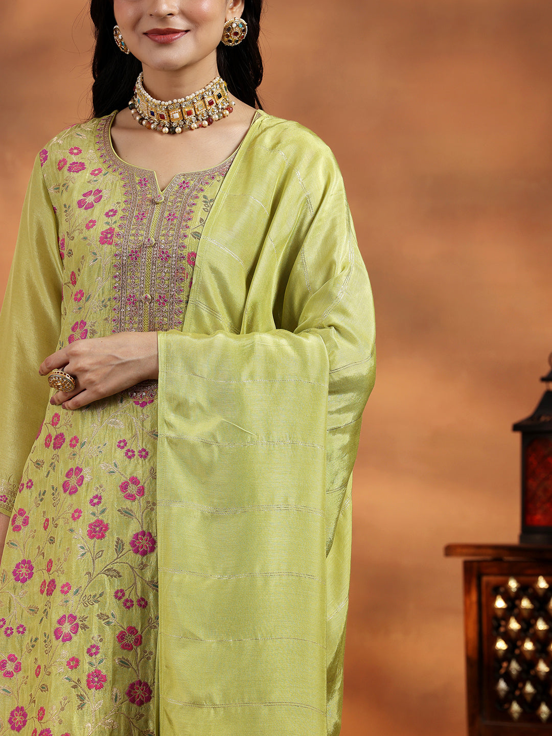 Green Woven Design Silk Blend Straight Suit With Dupatta