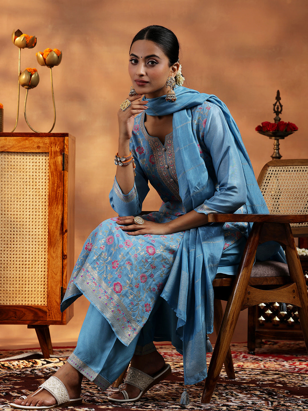 Blue Woven Design Silk Blend Straight Suit With Dupatta