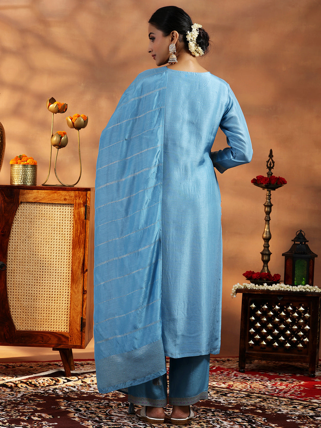 Blue Woven Design Silk Blend Straight Suit With Dupatta