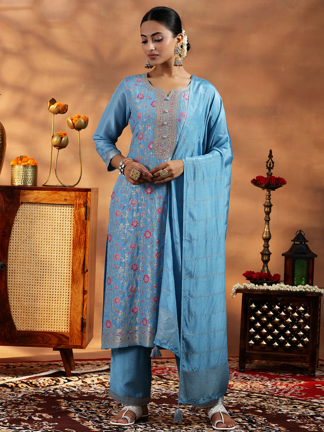 Blue Woven Design Silk Blend Straight Suit With Dupatta