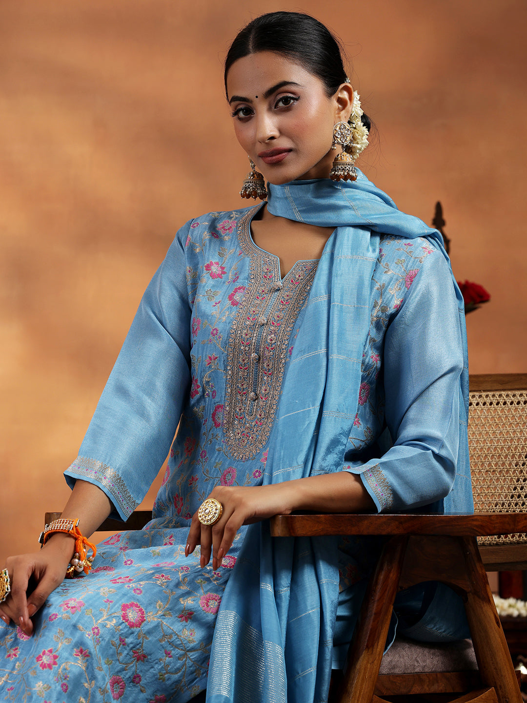 Blue Woven Design Silk Blend Straight Suit With Dupatta