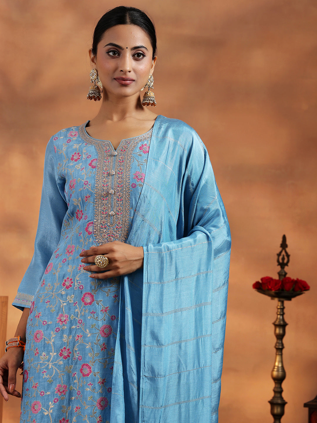 Blue Woven Design Silk Blend Straight Suit With Dupatta