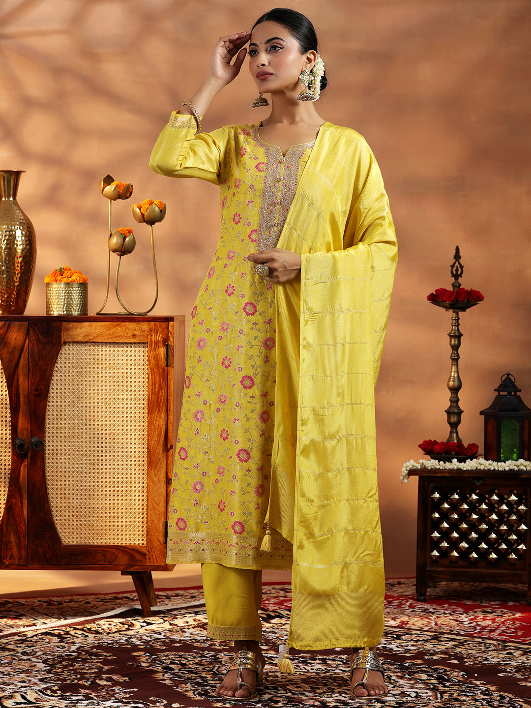 Yellow Woven Design Silk Blend Straight Suit With Dupatta