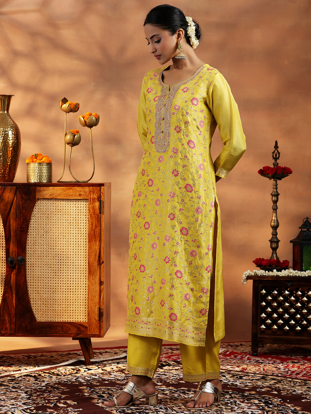 Yellow Woven Design Silk Blend Straight Suit With Dupatta