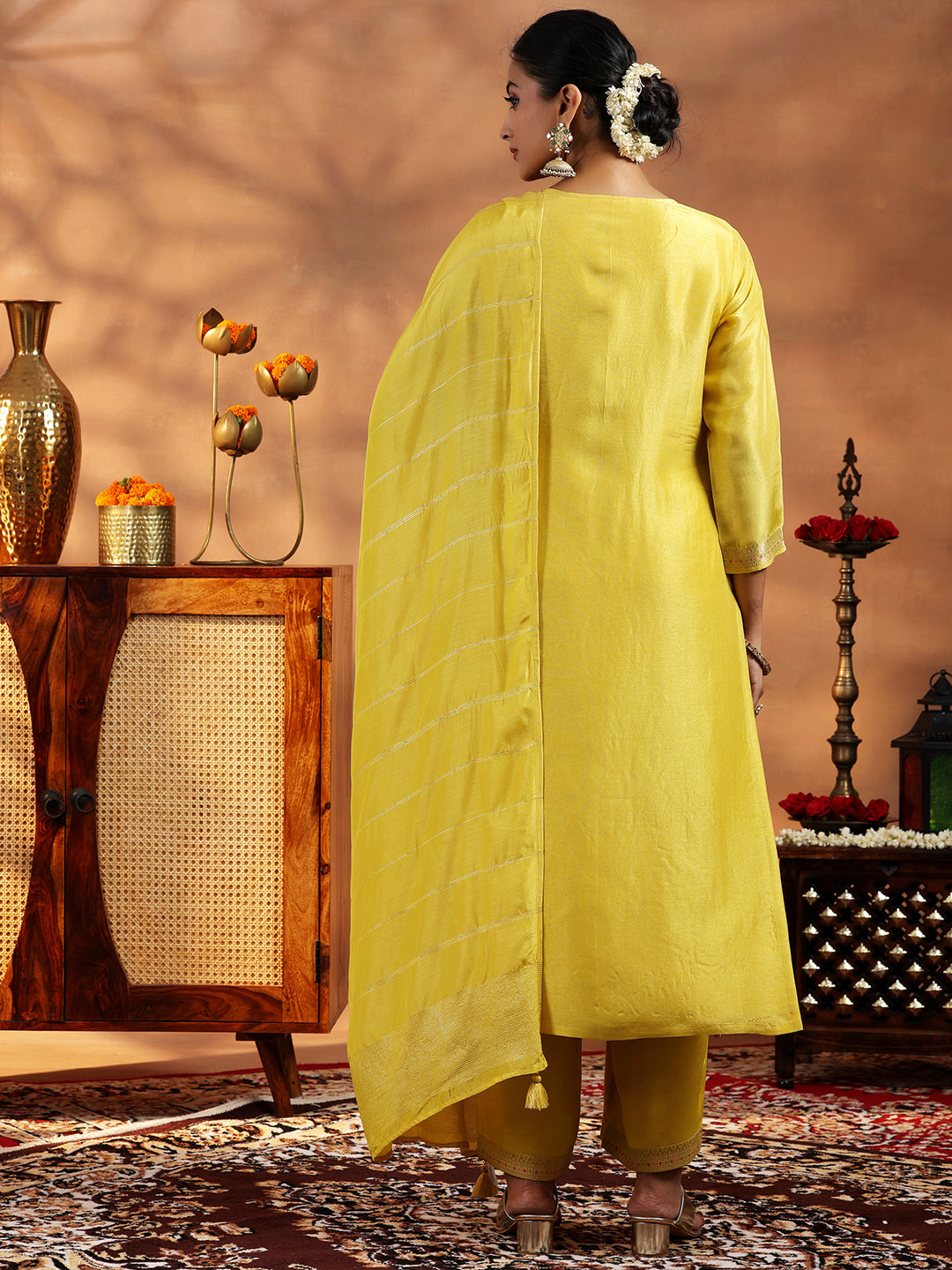 Yellow Woven Design Silk Blend Straight Suit With Dupatta