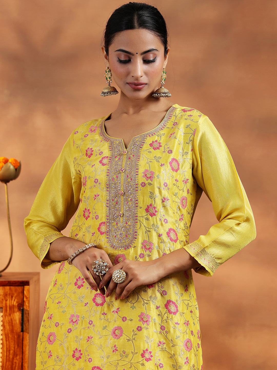 Yellow Woven Design Silk Blend Straight Suit With Dupatta