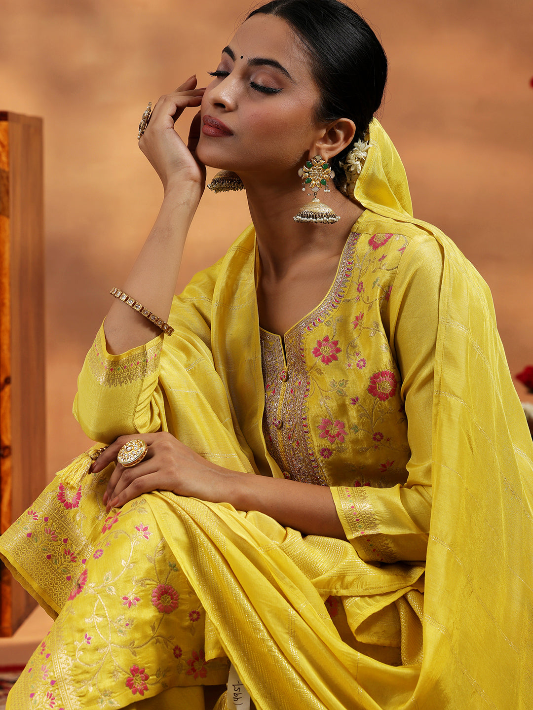 Yellow Woven Design Silk Blend Straight Suit With Dupatta