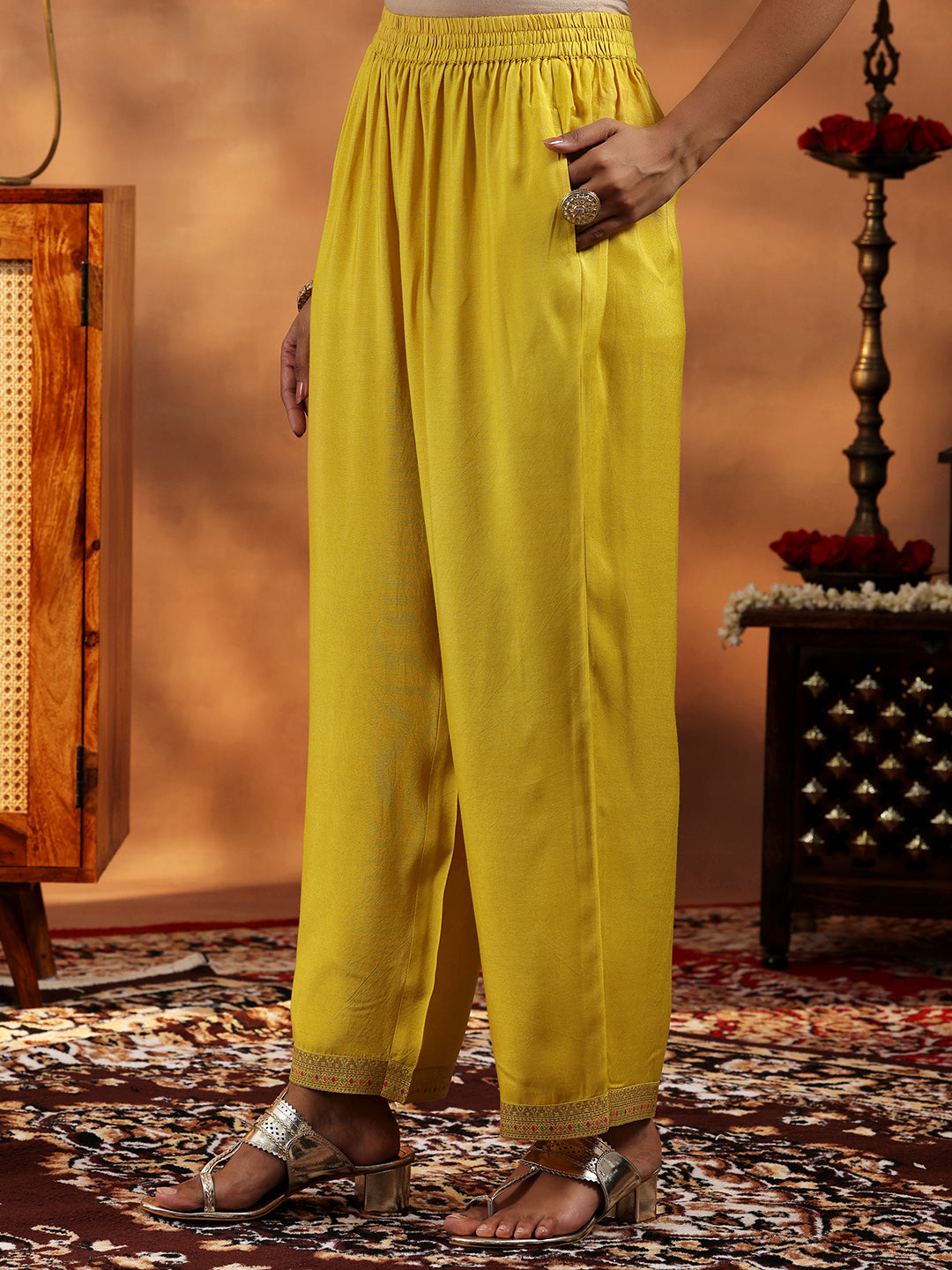 Yellow Woven Design Silk Blend Straight Suit With Dupatta