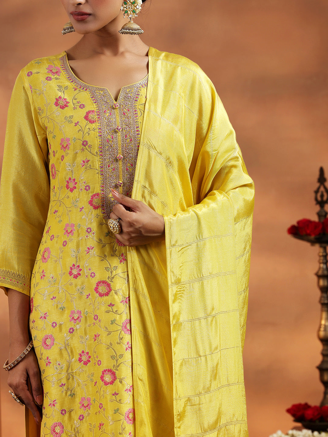 Yellow Woven Design Silk Blend Straight Suit With Dupatta